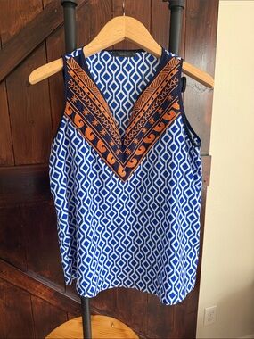 THML Blue Geometric Sleeveless Top with Orange Embellished V-Neck